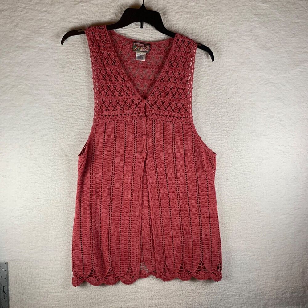 April Cornell Women's Sleeveless Button Front Cotton Blend Crochet Vest Size L